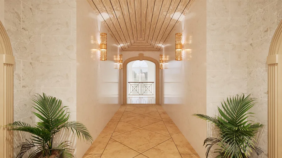 Photorealistic render of an arched stone corridor at Hotel Old Trees, with gold wall sconces, a wood-panelled vaulted ceiling and potted palms.
